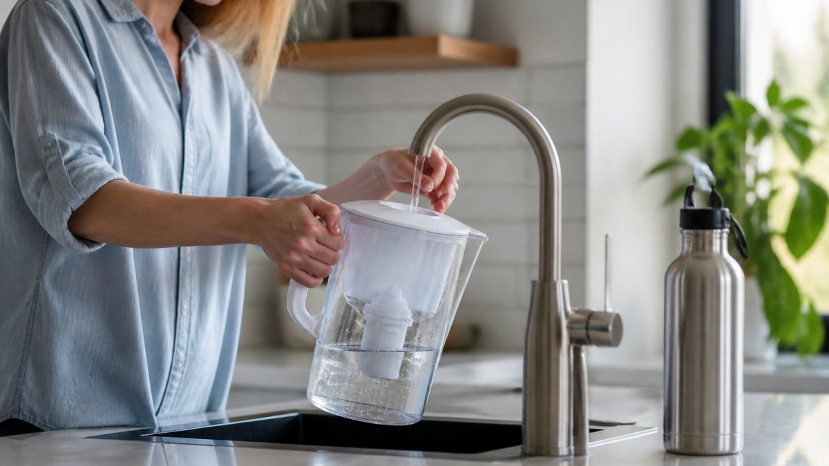 A person filling a glass water filter jug from a kitchen tap in a bright home, with a reusable stainless steel water bottle on the counter
