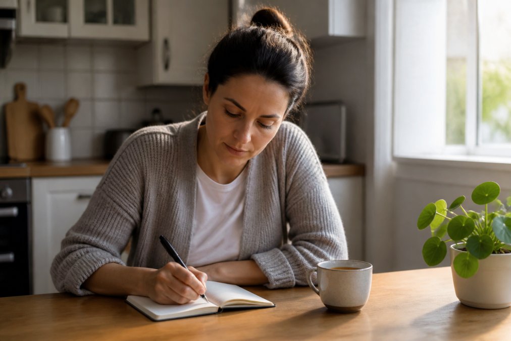 A woman writing in a headache diary to help reduce migraine frequency by tracking daily lifestyle triggers.
