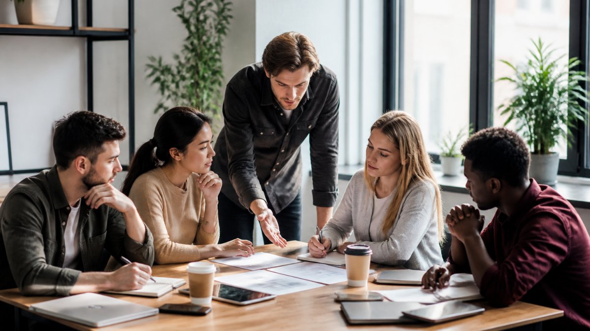 Professional development team collaborating at modern office desks with multiple monitors, reviewing code and discussing project plans in bright, natural lighting