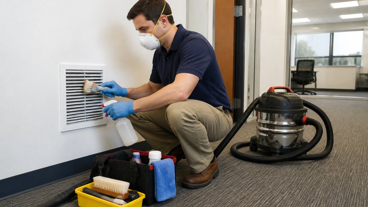 Person wearing an N95 mask and gloves cleaning a wall air vent with a brush and spray bottle in an office hallway