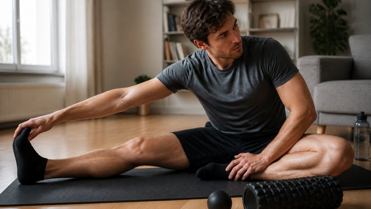 Person performing gentle stretching and mobility exercises in a sunlit room to aid muscle recovery.