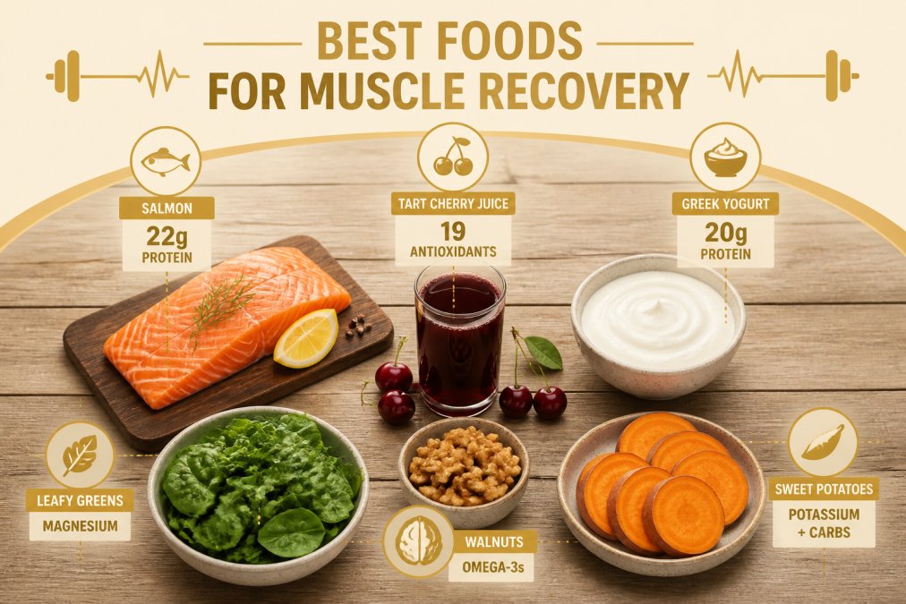 A flat lay of muscle recovery foods arranged on a rustic wooden table: a fresh salmon fillet, a glass of dark tart cherry juice, a bowl of Greek yogurt, bright leafy greens, walnuts, and sliced sweet potatoes, natural side lighting