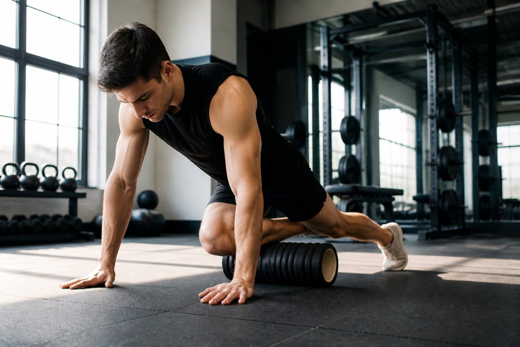 A fit person in athletic wear using a foam roller on their quadriceps on a gym floor, kneeling forward with a focused expression, natural light streaming through large windows