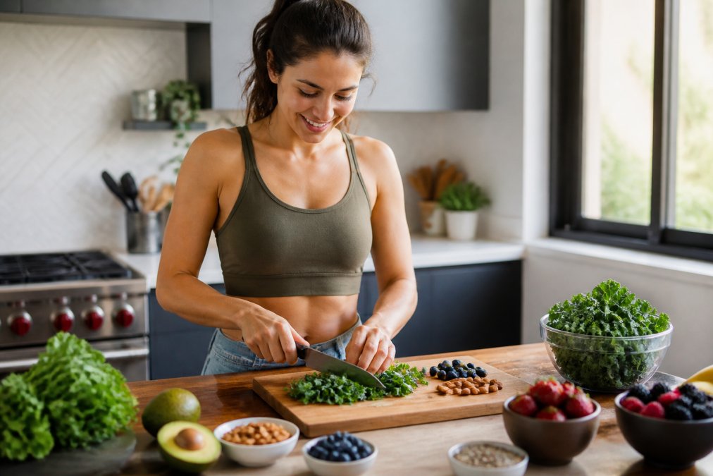 Person preparing a healthy meal with greens and nuts to help learn how to reduce nerve pain naturally step by step.