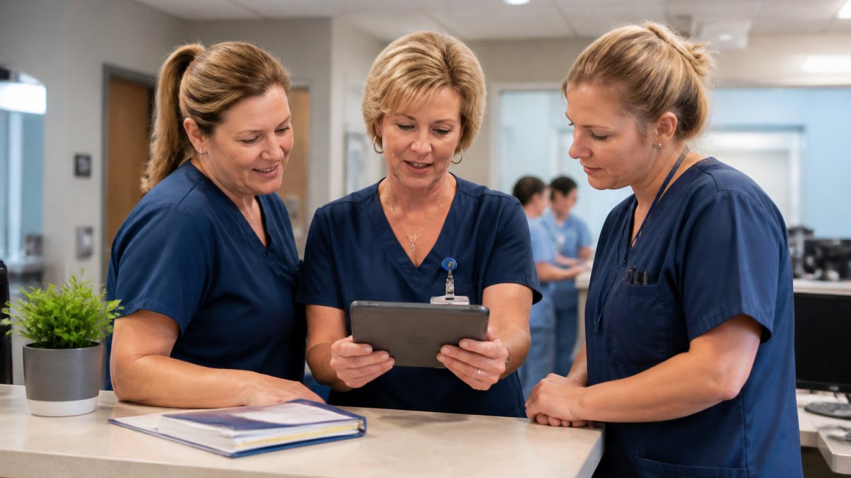 A director of nursing and two nurse managers reviewing a staffing and scheduling plan on a tablet at a nurses' station in a bright, modern hospital unit