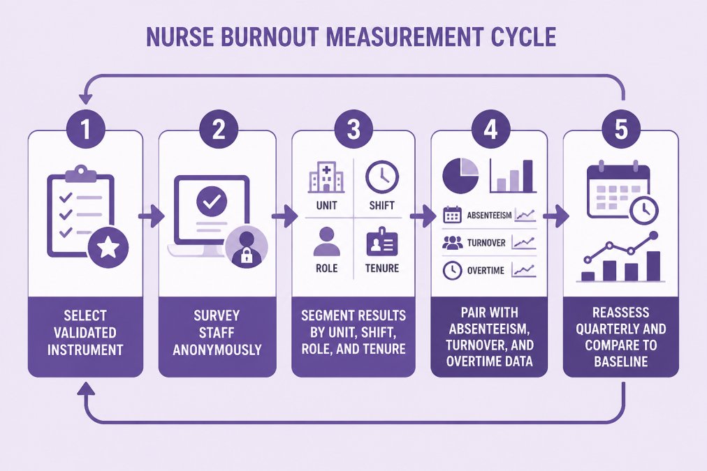Flowchart showing a five-step nurse burnout measurement cycle: 1) Select validated instrument, 2) Survey staff anonymously, 3) Segment results by unit, shift, role, and tenure, 4) Pair with absenteeism, turnover, and overtime data, 5) Reassess quarterly and compare to baseline