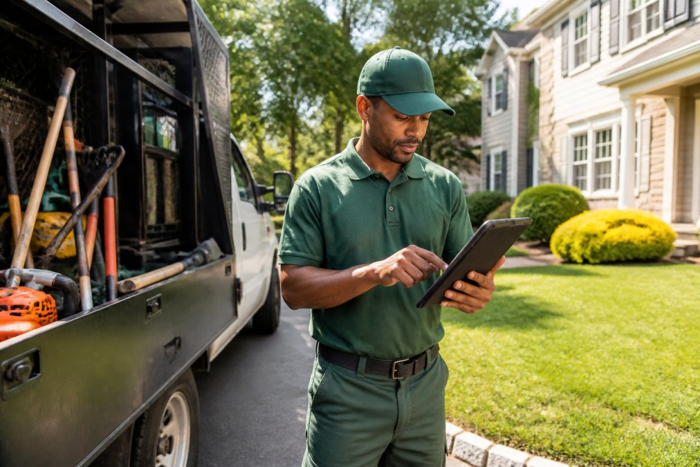 A landscaping crew member in a green uniform holding a tablet on a residential job site, reviewing a digital work order while standing next to a work truck loaded with equipment, bright afternoon sunlight