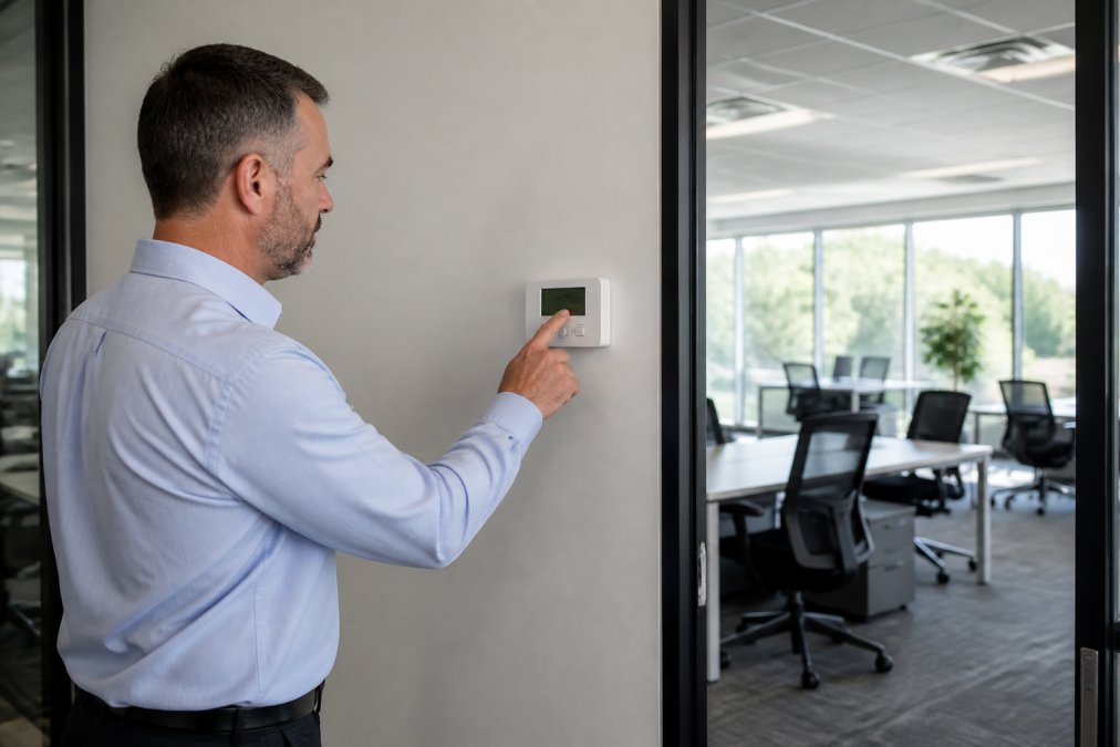 Facilities manager adjusting a programmable thermostat on an office wall, with a modern office space visible in the background, natural daylight streaming through windows