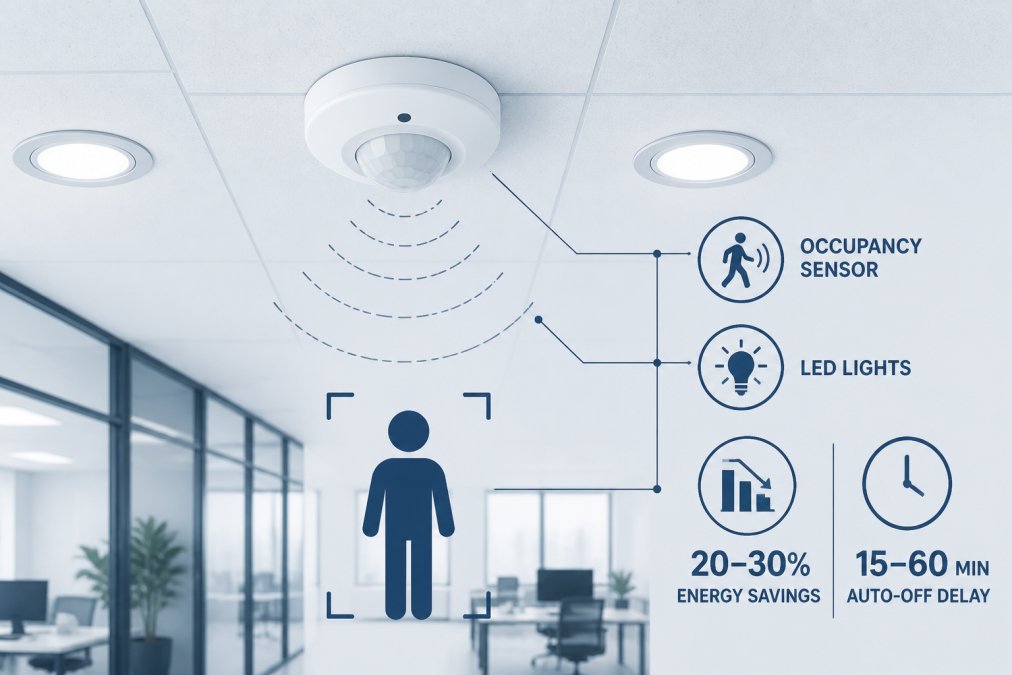 Close-up of an occupancy sensor mounted on an office ceiling near LED recessed lights, showing modern lighting infrastructure in a contemporary office space