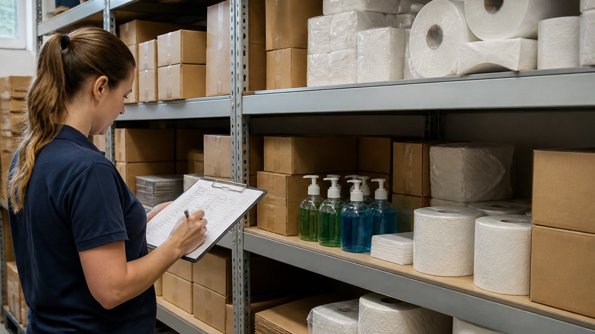 Professional organising stacked boxes of office supplies on shelves with clipboard and inventory checklist visible
