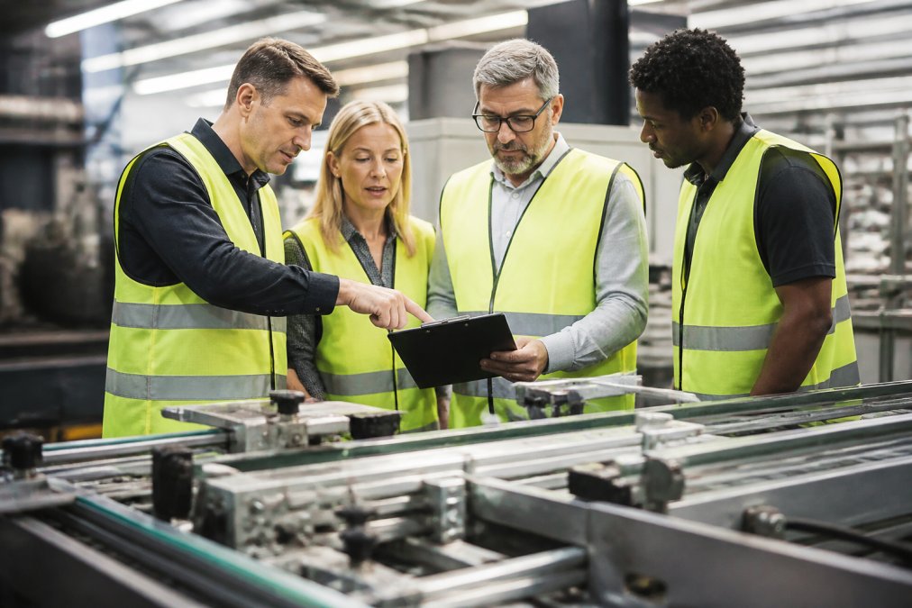 A leadership team in a UK manufacturing facility standing around a production line, pointing at a clipboard and discussing workflow issues under bright factory lighting