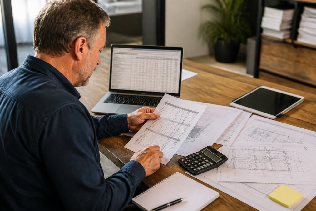 Construction business owner reviewing bid documents at a desk with a laptop and tablet, looking focused and organized, with blueprints and estimating software visible on the screen