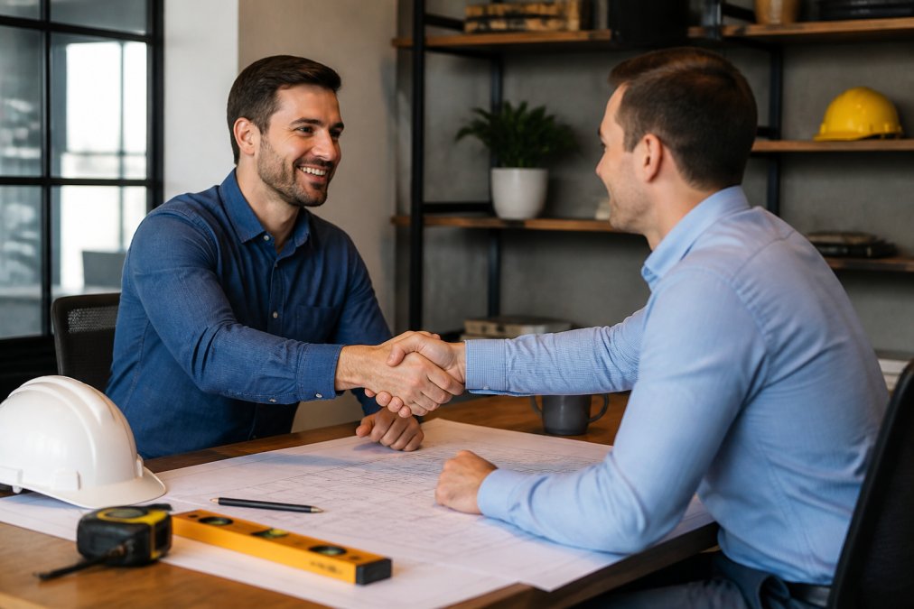 Two professionals shaking hands in an office setting with construction blueprints visible on the desk, representing a partnership or service agreement between a contractor and outsourcing provider