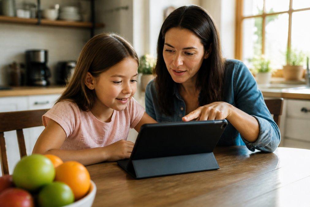 A parent and child sitting together at a kitchen table, child reading a story-driven book on a tablet while the parent points at the screen, warm afternoon light, engaged expressions