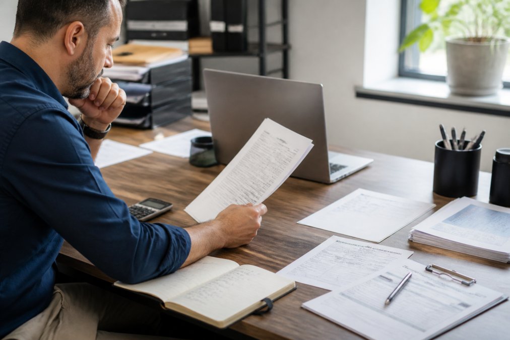 Business owner reviewing client information and contract details on a laptop in an office, with financial documents, credit check forms, and notes visible on the desk