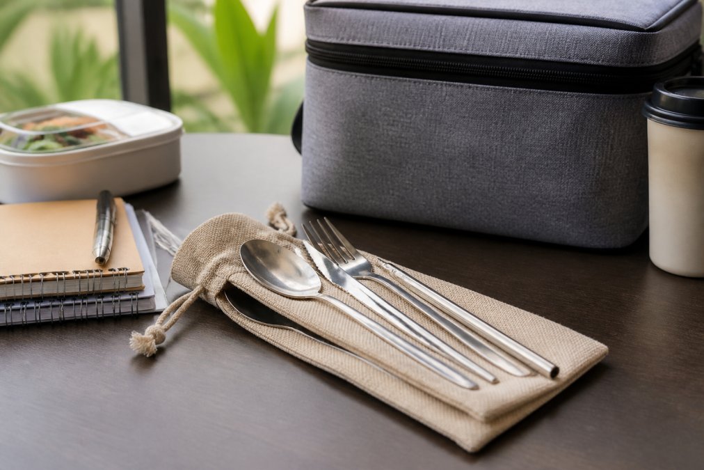 Hemp pouch with stainless steel cutlery on a desk to help reduce plastic waste in the office