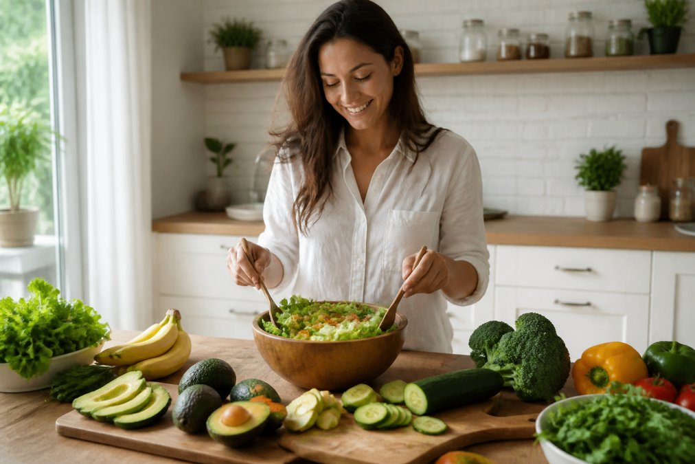 Woman in a bright kitchen preparing a colorful salad with fresh leafy greens, sliced avocado, bananas, and other potassium-rich vegetables on a wooden cutting board