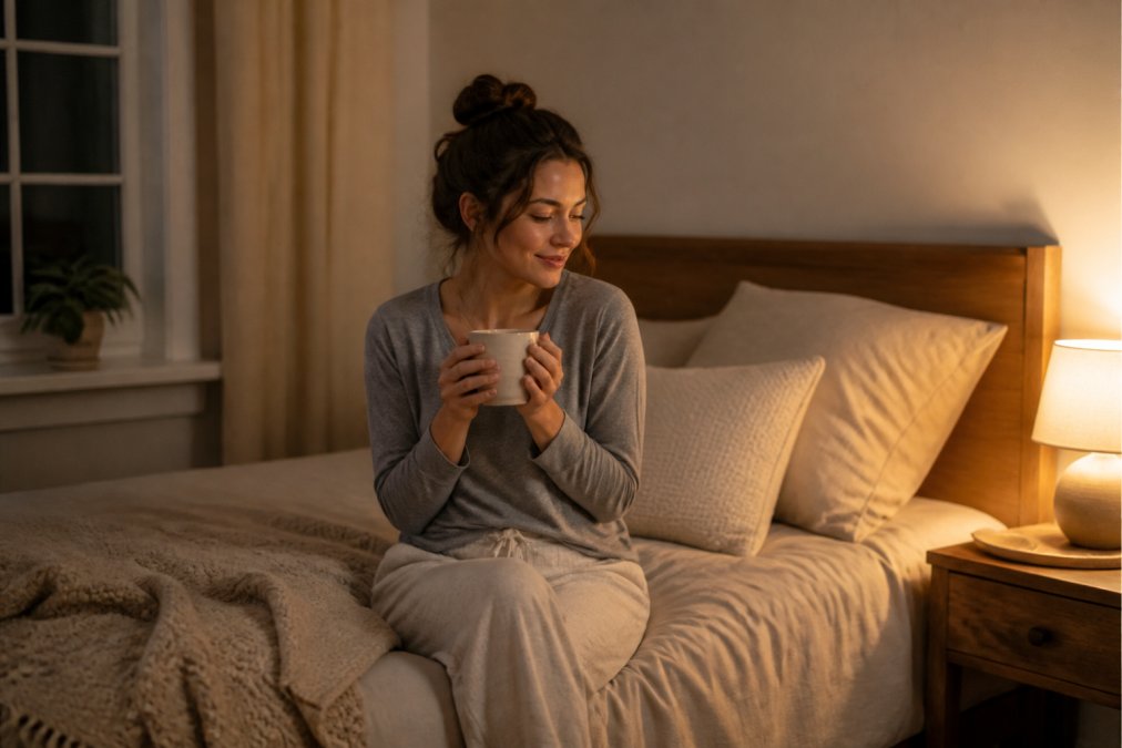Woman sitting peacefully on the edge of her bed in a softly lit bedroom, holding a warm mug of herbal tea, with calm expression and relaxed posture