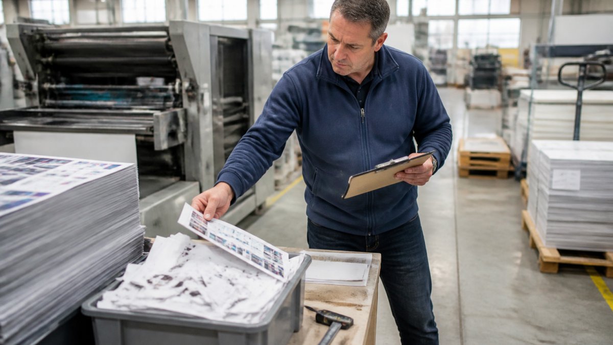 Operations manager measuring defects on samples to reduce print waste at a facility workbench