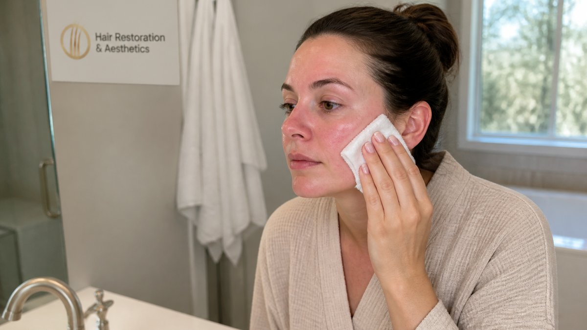 Person applying a cool, damp cloth to their face after laser treatment in a bright, clean bathroom with natural lighting