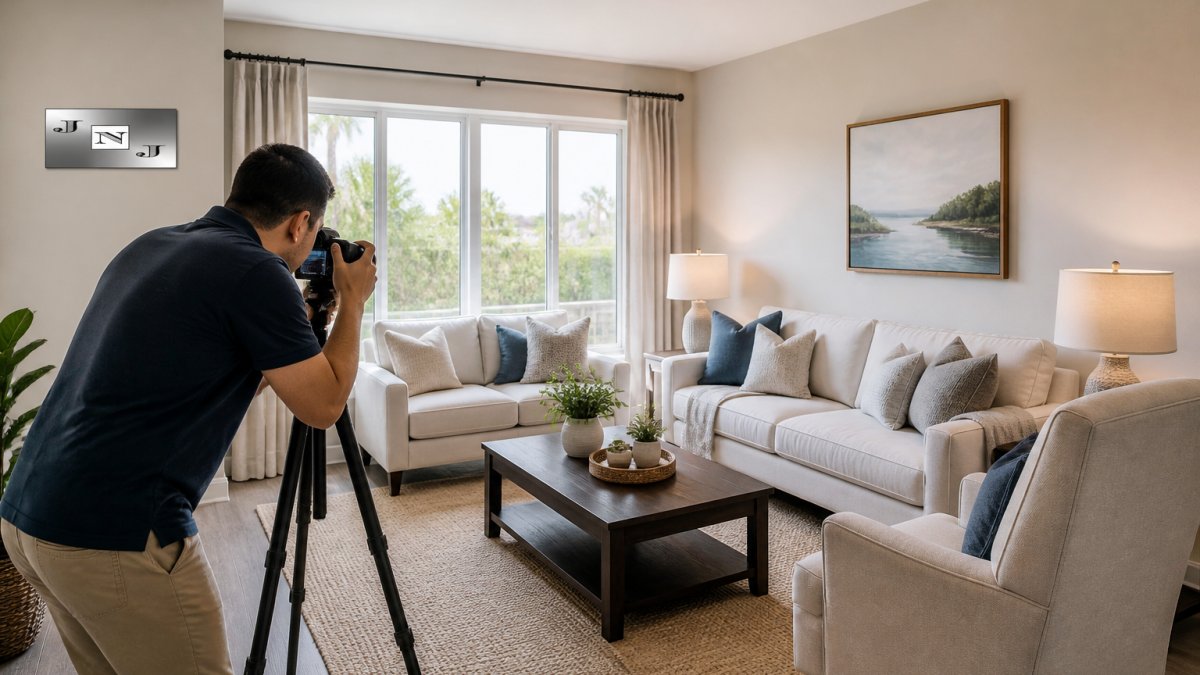 Property manager photographing a staged, sunlit living room to help reduce rental property vacancies