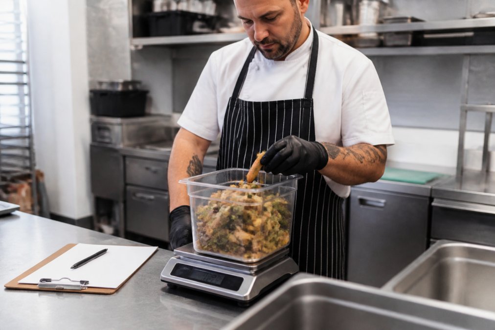 A chef in a professional kitchen weighing food scraps in a clear container on a digital scale, with a clipboard and pen nearby under bright overhead lights