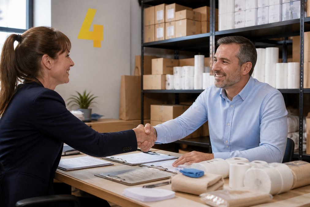 A retail manager and a supplier representative shaking hands across a table covered with order sheets and product samples in a bright stockroom office