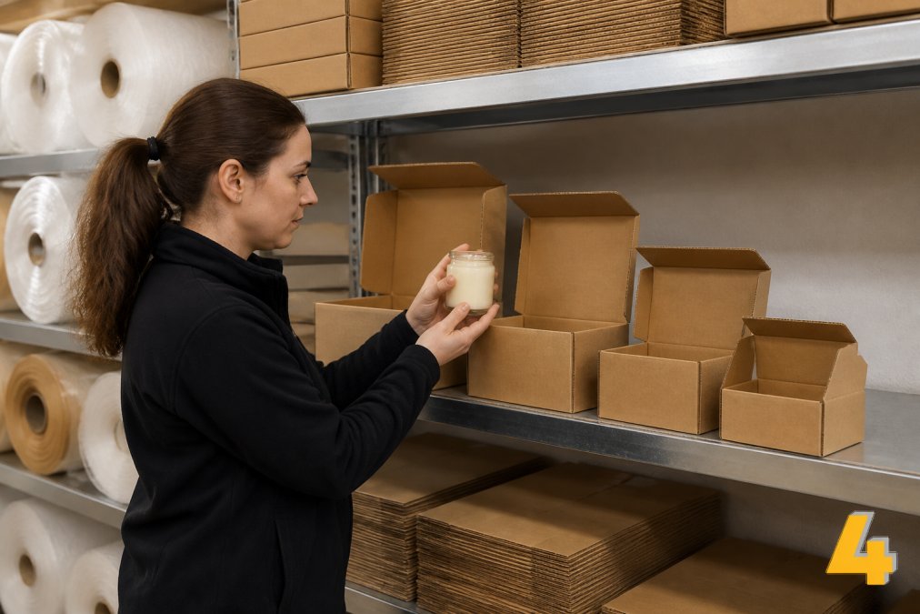 Retail worker carefully measuring a product against different sized packaging boxes on a warehouse shelf, with rolls of protective materials and labelled boxes visible in the background