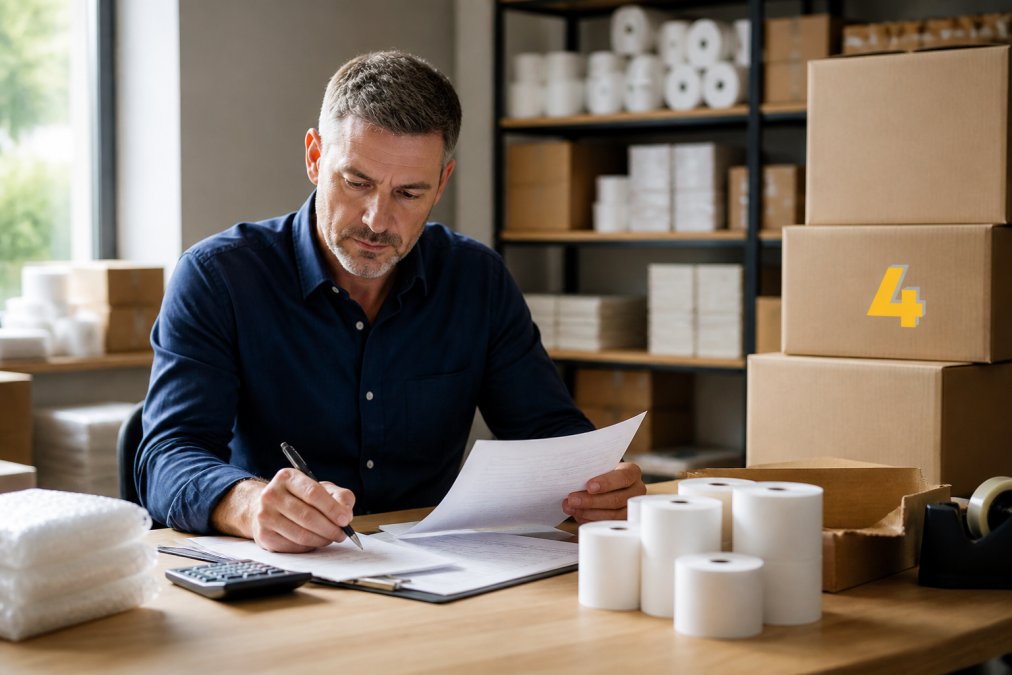 Retail store owner reviewing packaging orders on a computer at their desk, with stacked rolls of till paper and cardboard boxes nearby, natural office lighting