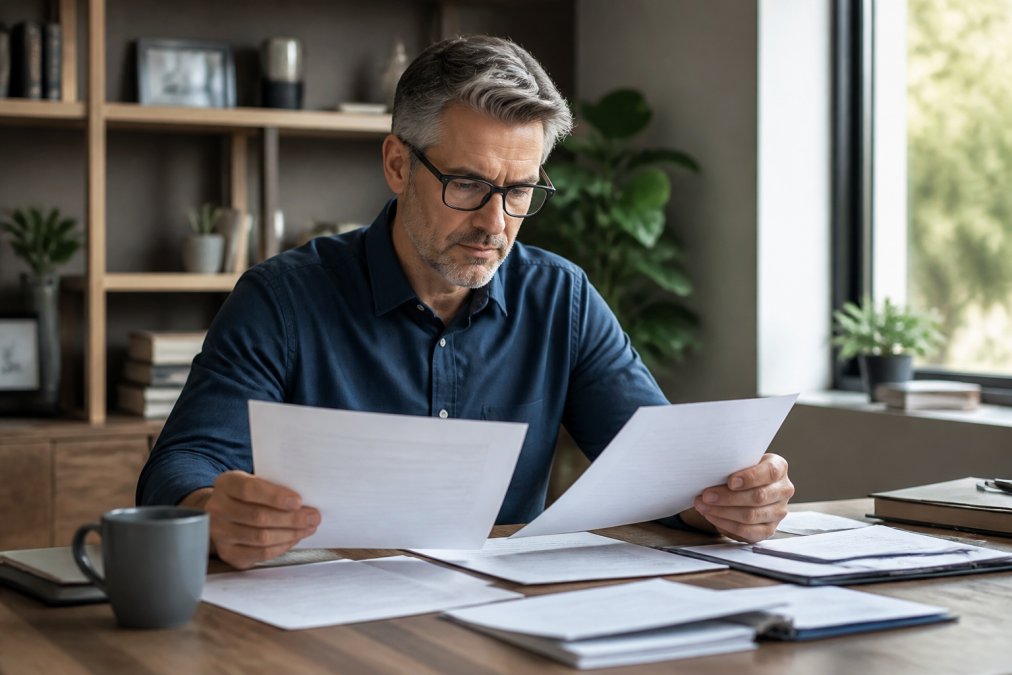 Professional middle-aged individual reviewing retirement statements and financial documents at desk with laptop and coffee in modern home office setting with natural lighting