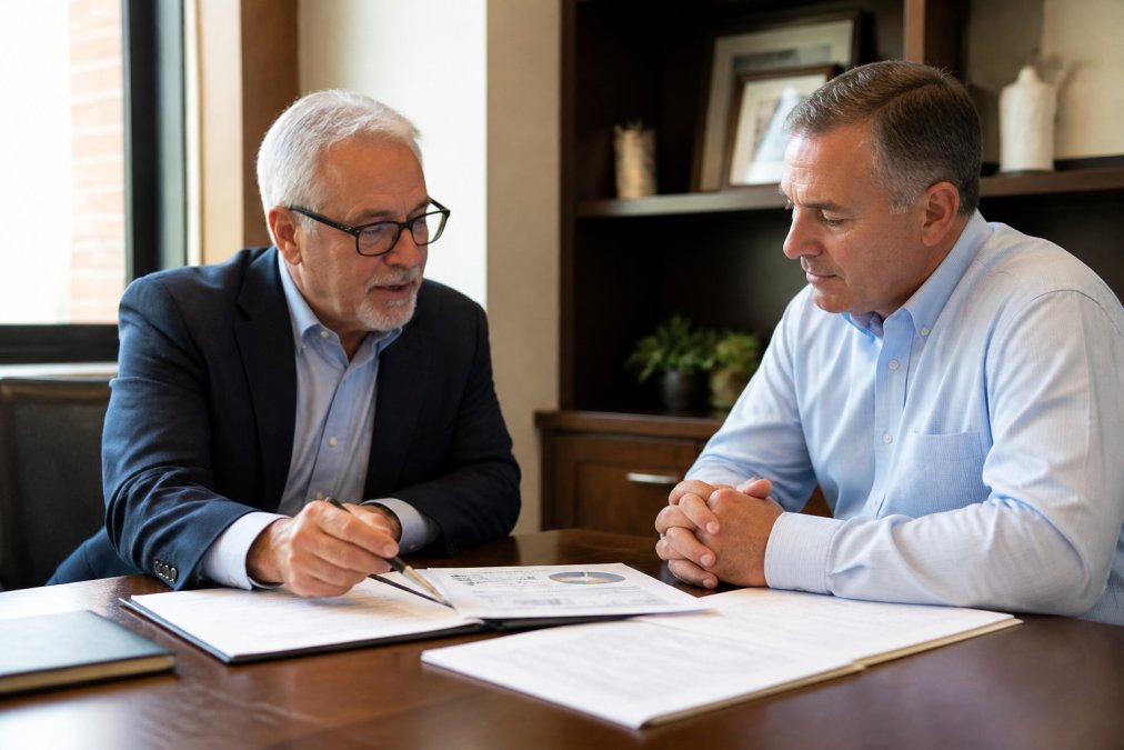 Financial advisor and client in discussion at desk reviewing retirement planning documents and strategy notes together in professional office setting with natural lighting