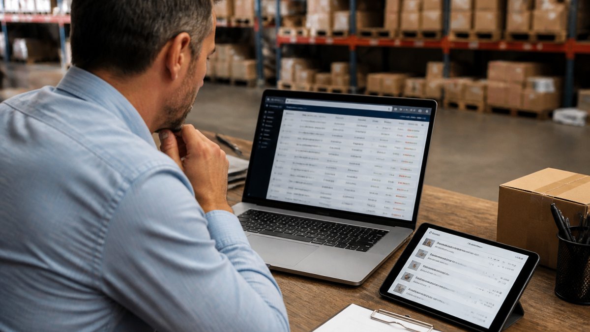 An ecommerce operations manager reviewing return data on a laptop screen in a warehouse office, with a tablet showing shipment tracking details nearby