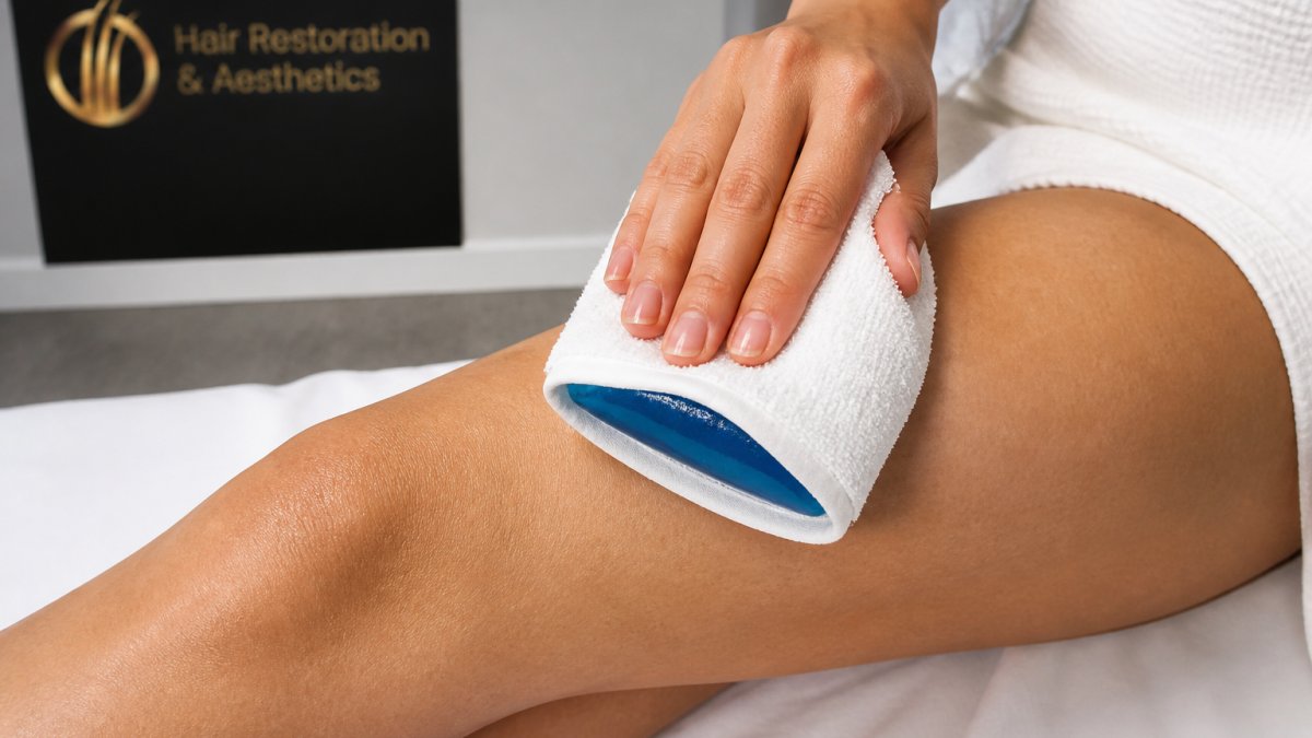 Close-up of someone applying a cool compress to treated skin on their leg, showing proper gentle technique with a clean cloth