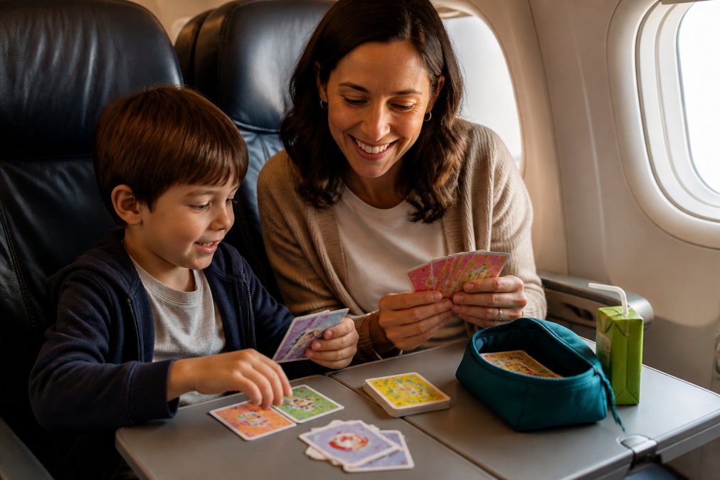 Infographic steps to reduce screen time by using a travel kit with card games and snacks for kids on an airplane.