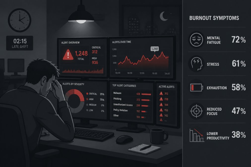 SOC analyst at workstation during late shift, multiple monitor displays showing alert dashboards with red warnings, dim overhead lighting, visible signs of fatigue in posture