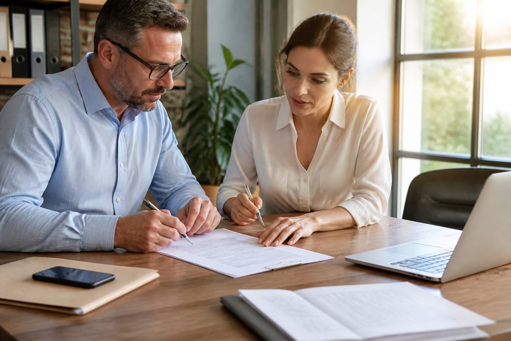 Business owner and tax advisor reviewing entity documents to optimize self employment taxes at an office desk