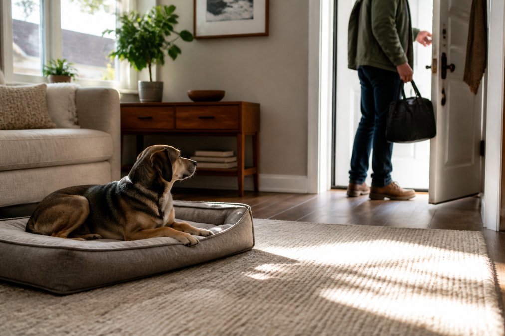 Owner picking up keys as a rescue dog with separation anxiety rests calmly on a bed in a sunlit living room.