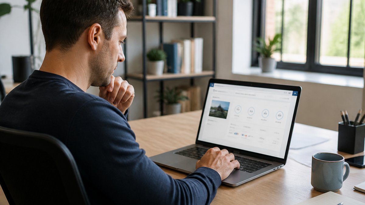 E-commerce manager reviewing Shopify store speed test results on laptop screen, with performance metrics visible and coffee cup on desk in modern office