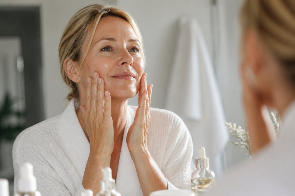 Woman in her 50s performing a lymphatic drainage massage to reduce skin puffiness with facial oil in a bathroom.