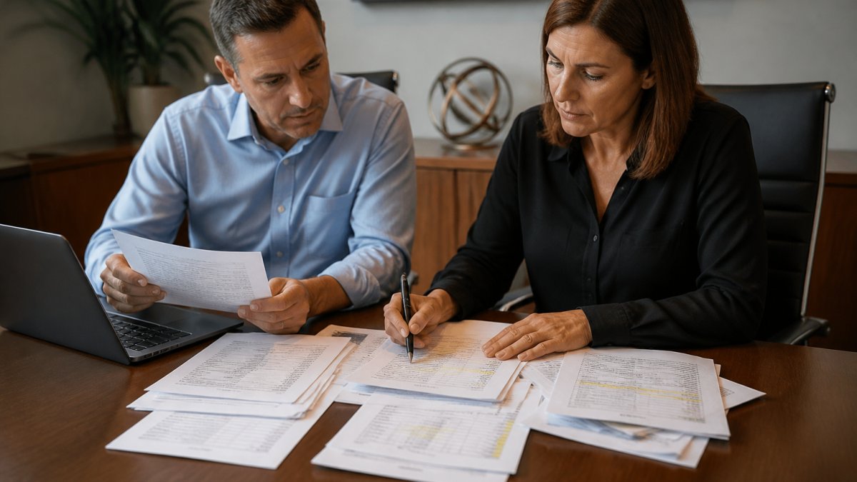 A small business owner and a finance manager reviewing printed invoices and a laptop spreadsheet at a wooden conference table, highlighting line items with a pen