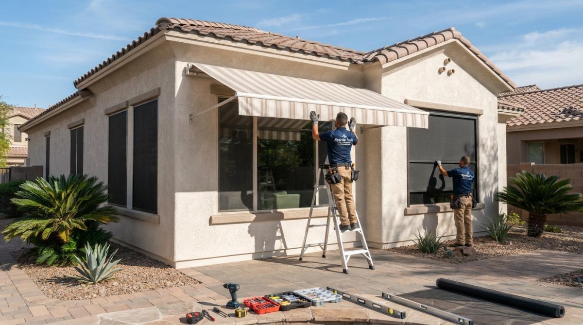 A residential home with installed exterior awnings and solar screens on south-facing windows, showing the shade protection on a sunny day with clear shadows visible on the home's exterior