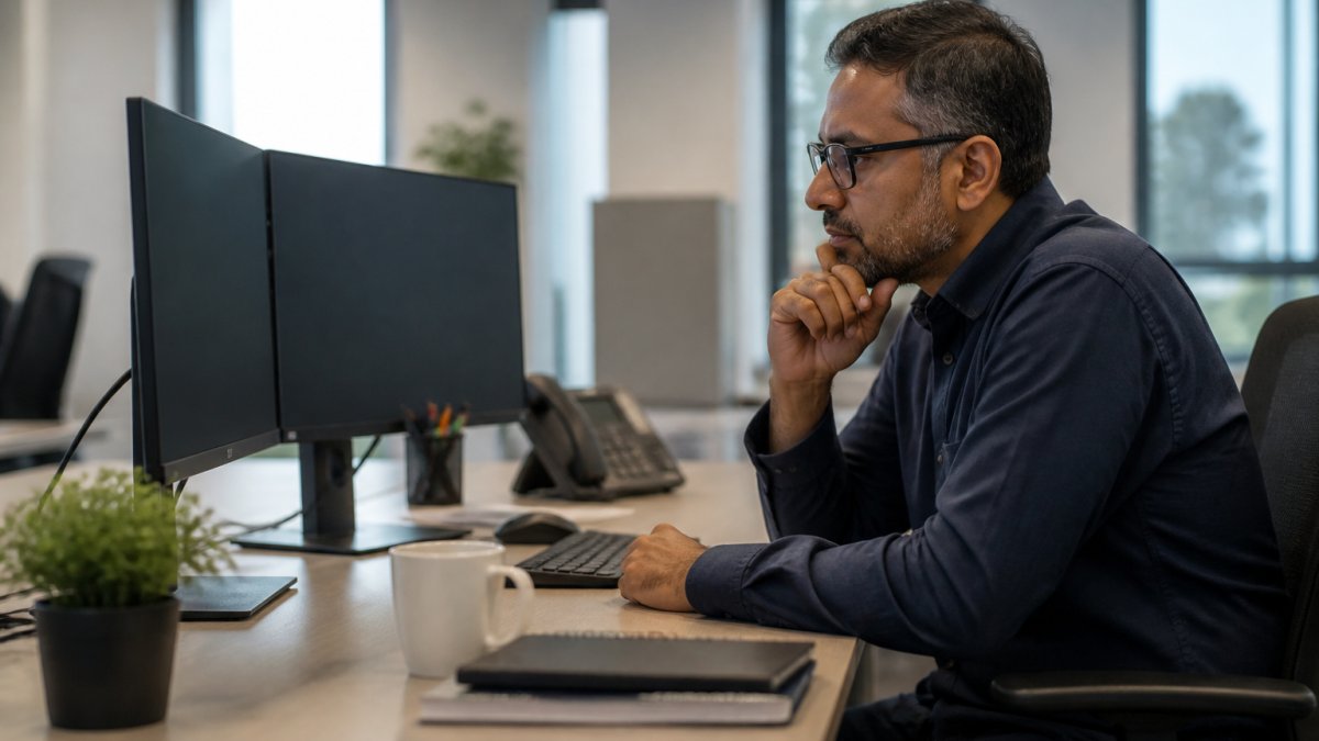 A database administrator at a desk with two monitors showing storage dashboards, reviewing clone provisioning in a quiet enterprise office