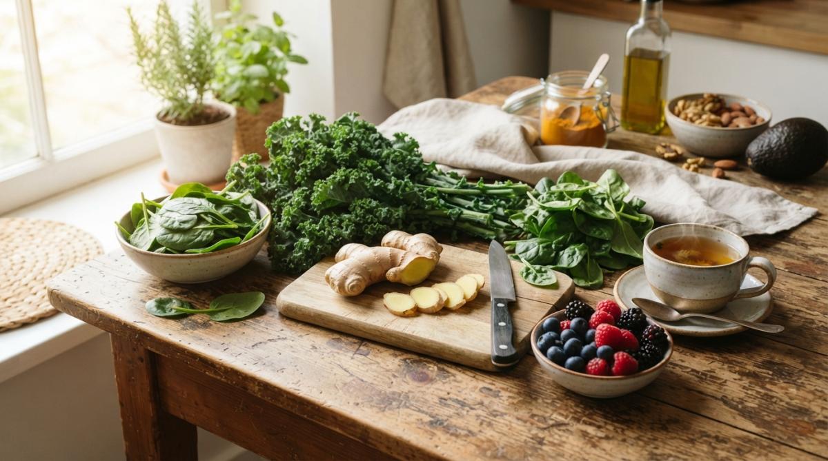 Colorful spread of anti-inflammatory foods including fresh ginger root, leafy greens, berries, and herbal tea arranged on a wooden table with natural sunlight streaming across