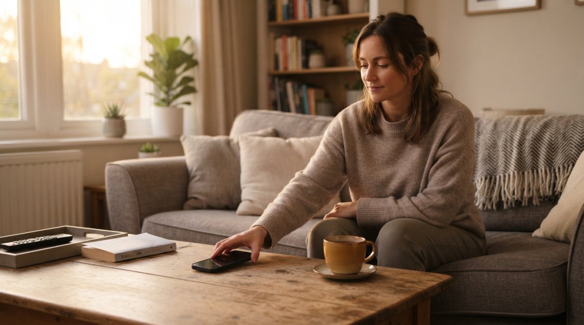 A person in casual home clothes sitting on a sofa, placing a smartphone face-down on a coffee table, with a cup of tea nearby and soft evening light in a living room