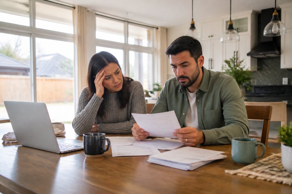 A couple sitting at a kitchen table with a laptop, a stack of paperwork, and two coffee mugs, reviewing documents in a bright North Dallas home with large windows