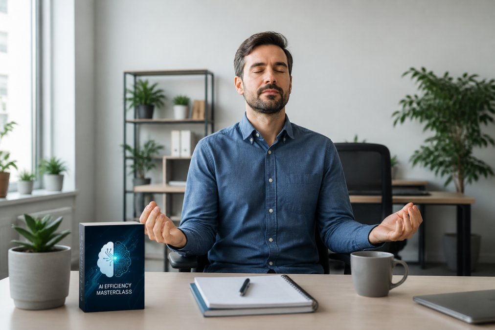 Professional sitting at desk with eyes closed, practicing deep breathing or meditation during work hours with calm office environment in background