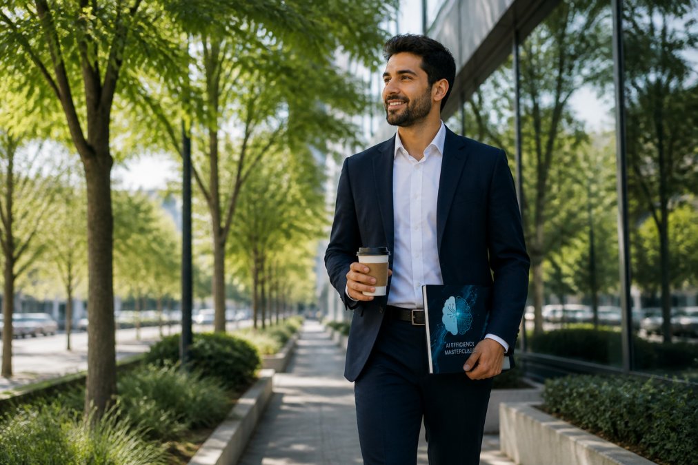Busy professional taking a walk break outside during workday with natural light and outdoor environment visible
