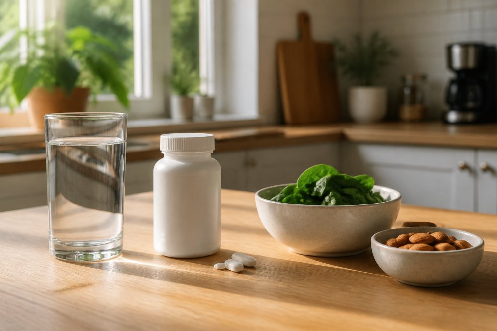 A calm, well-lit kitchen counter with a glass of water, a supplement bottle, and a small bowl of spinach and almonds, morning light through a window