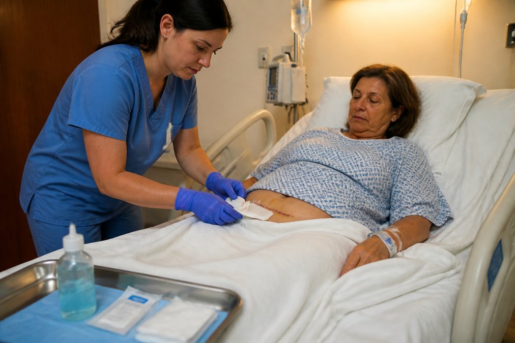 A nurse in scrubs carefully cleaning and re-dressing a patient's surgical wound at a hospital bedside, with sterile gauze, antiseptic solution, and sealed dressing supplies arranged on a tray beside the bed under warm overhead lighting