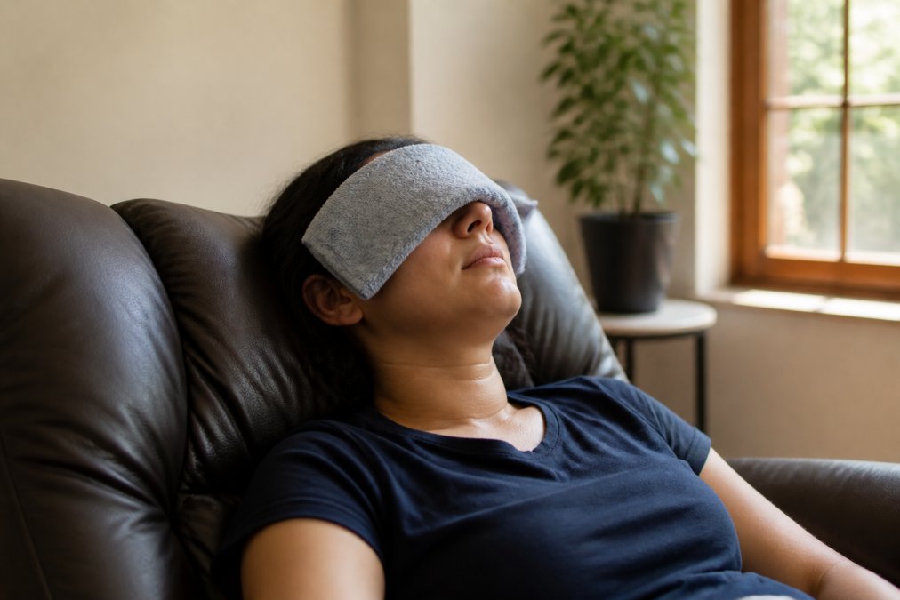 A person resting in a recliner with a cold compress wrapped in a thin cloth gently placed over their closed eyes, soft natural light, calm home setting